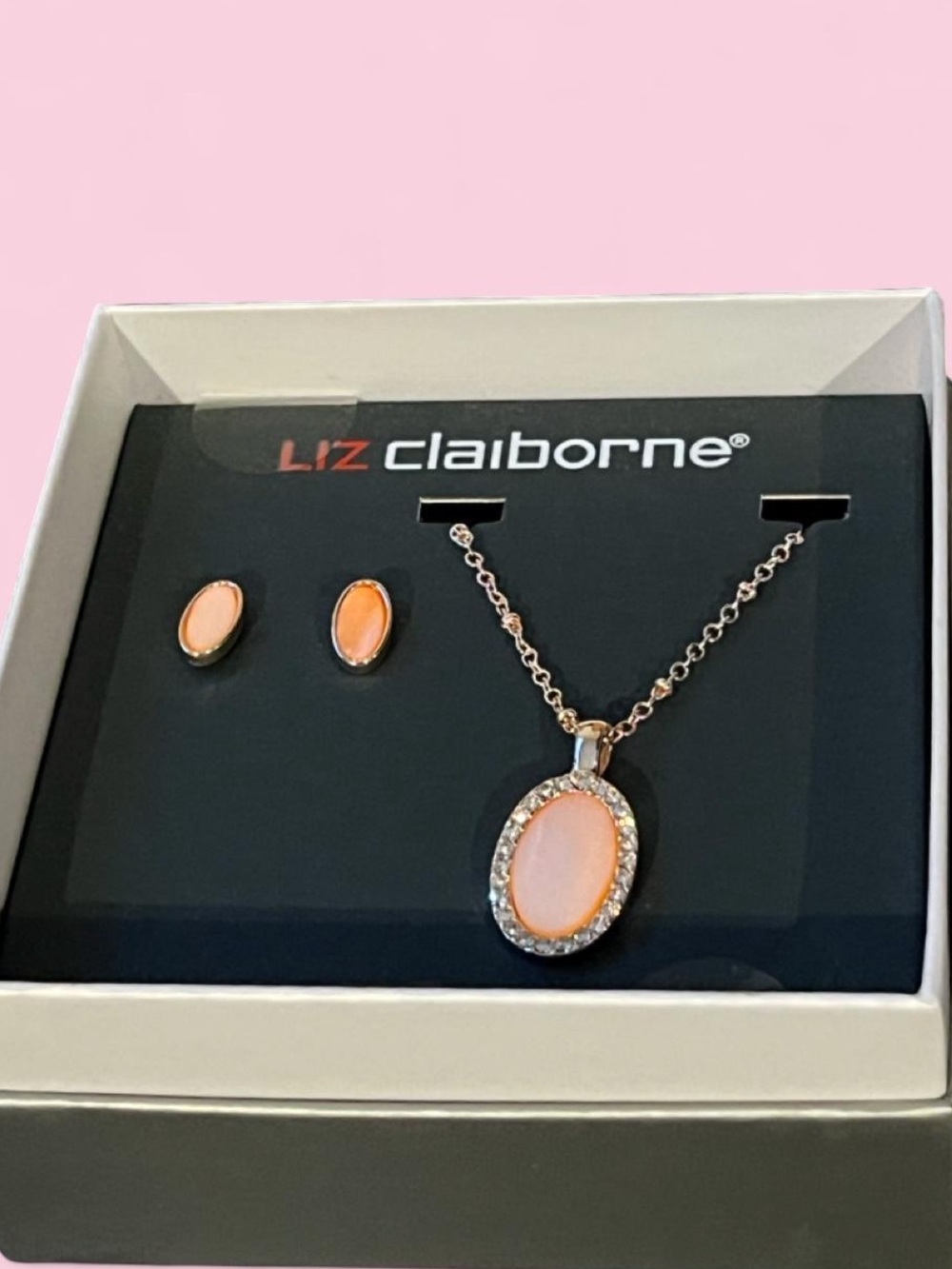 Liz Claiborne Rose Gold Pink Oval Pendant Necklace with Matching earrings